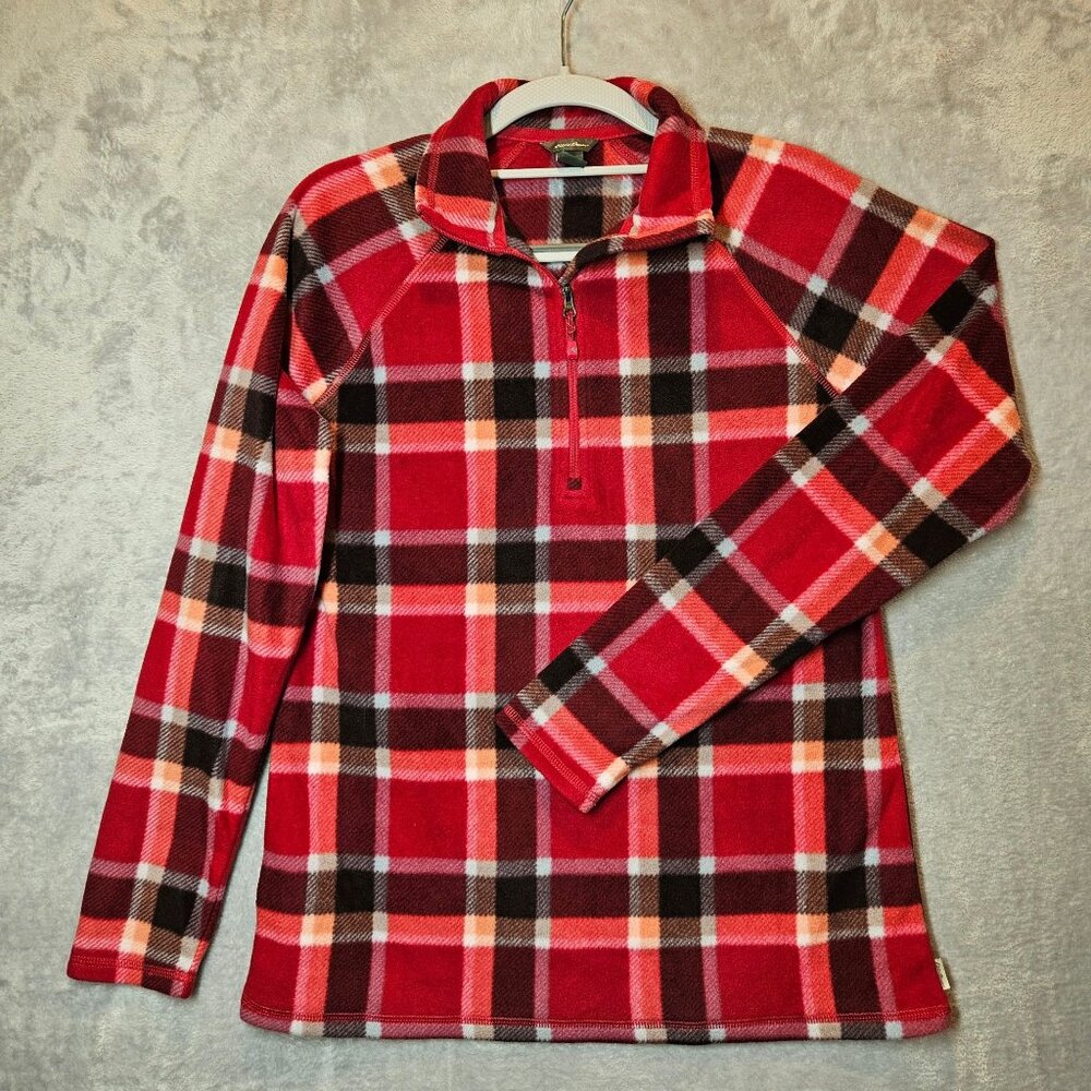 Eddie Bauer Womens S Plaid Fleece 1/4 Zip Pullover Red multicolor plaid gorpcore